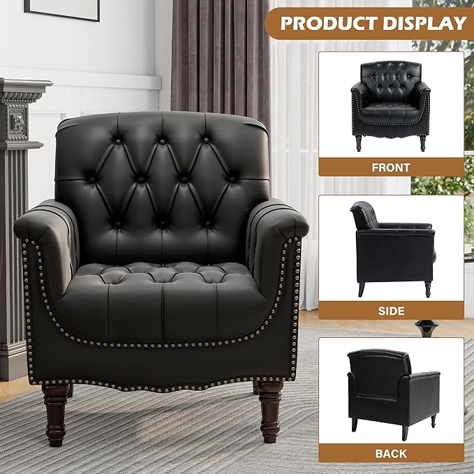 Faux Leather Accent Chair for Living Room, Upholstered Retro Armchair Tufted Club Arm Chair Single Sofa Lounge Bedroom Side Reading Seating with Solid Wood Legs, Black