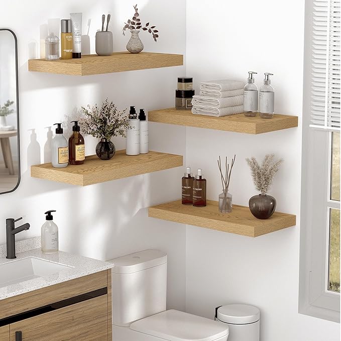 Vivelove 10" Deep Floating Shelves Over Toilet, 24" Wall Shelves for Bathroom Bedroom Kitchen Living Room Laundry Room, Modern Rustic Shelves for Home Decor, 24"x10.2"x1.5", Set of 2, Oak