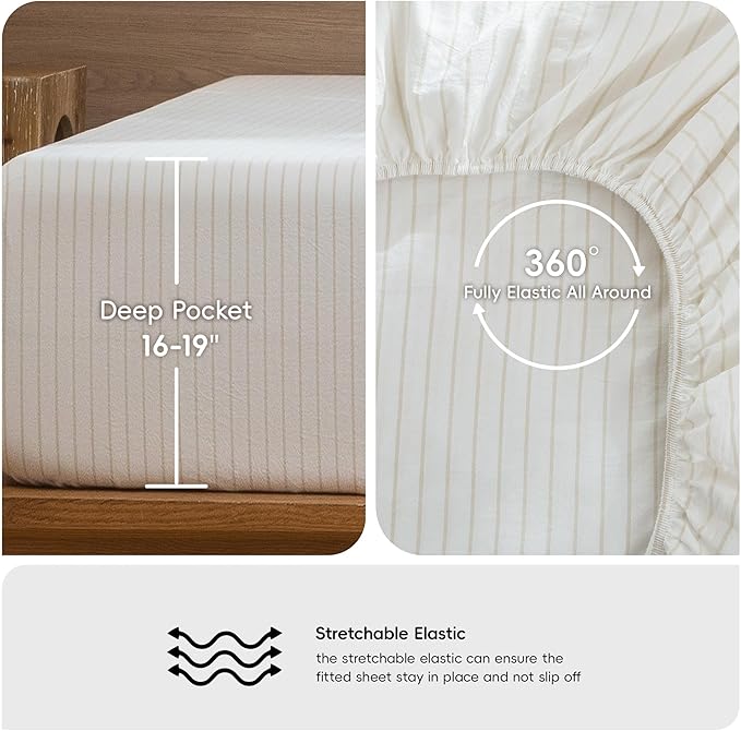 MooMee Striped Sheet Set 100% Washed Cotton Linen Like Textured Breathable Durable Soft Comfy (White Almond Milk Grey Wide Stripes, Queen)