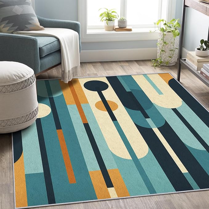 Mid Century Rug 8x8, Washable Modern Geometric Rugs for Living Room Bedroom, Abstract Mid-Century Area Rug for Home Decor, Non Slip Backing Floor Carpet - 8 x 8 ft