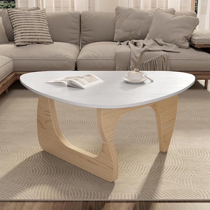 Modern Wood Coffee Table, Triangle Center Table with Premium Wooden Top& Unique Base, 35.5” Small Mid Century Tea Tables for Living Room, Apartment, Office,White&Light Natural Wood