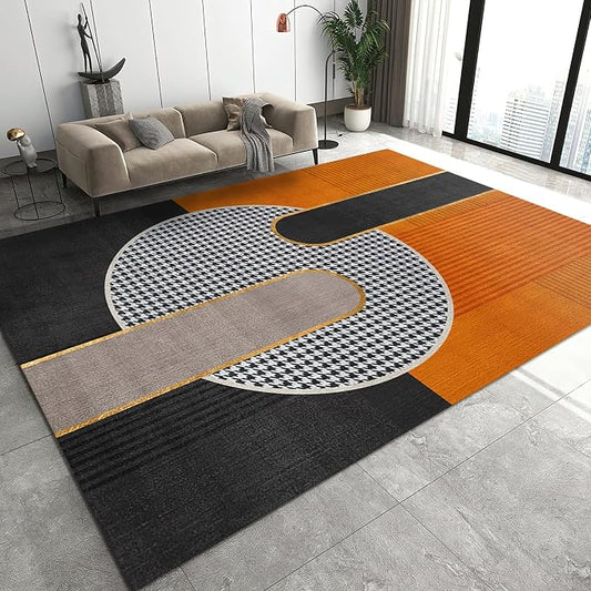 Luxury Orange Black Geometry Area Rug, Modern Style Non Slip Decorative Rugs, Breathable Durable Carpet for Indoor Bedroom Living Room Sofa Office Floor Rug - 4 ft x 5 ft