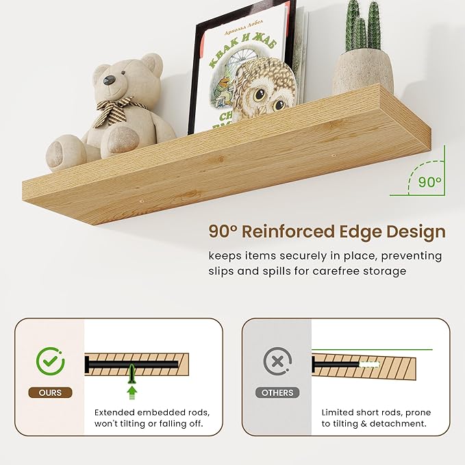 36in Floating Shelves for Wall, 36"W x 9.25"D x 1.25"H, 2 Pack Long Wall Mounted Engineered Wood Shelves with Invisible Brackets for Living Room, Bedroom, Bathroom, Kitchen Decor and Storage, Oak