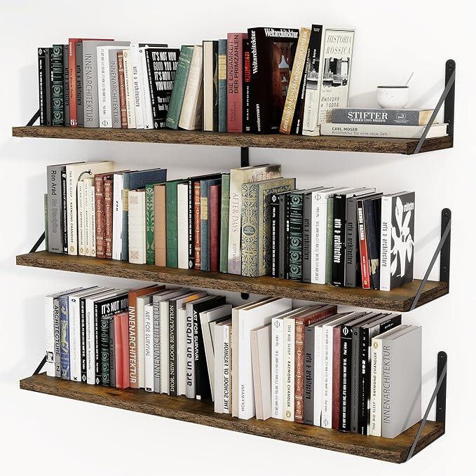 Heimlove Floating Book Shelves for Wall,35.4 Inches Long Wall Mounted Bookshelves,Heavy Duty Bracket Shelves for Living Room Kitchen,Laundry Room Storage & Decor,Set of 3,Rustic Brown