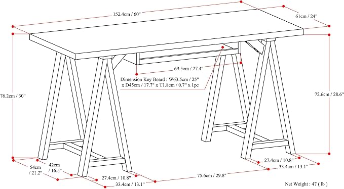 SIMPLIHOME Sawhorse Desk - 60 Inch Wide Solid Wood Writing Desk in Dark Chestnut Brown, Modern Industrial Home Office Computer Table for Workspace with Sawhorse Base and Integrated Keyboard Tray