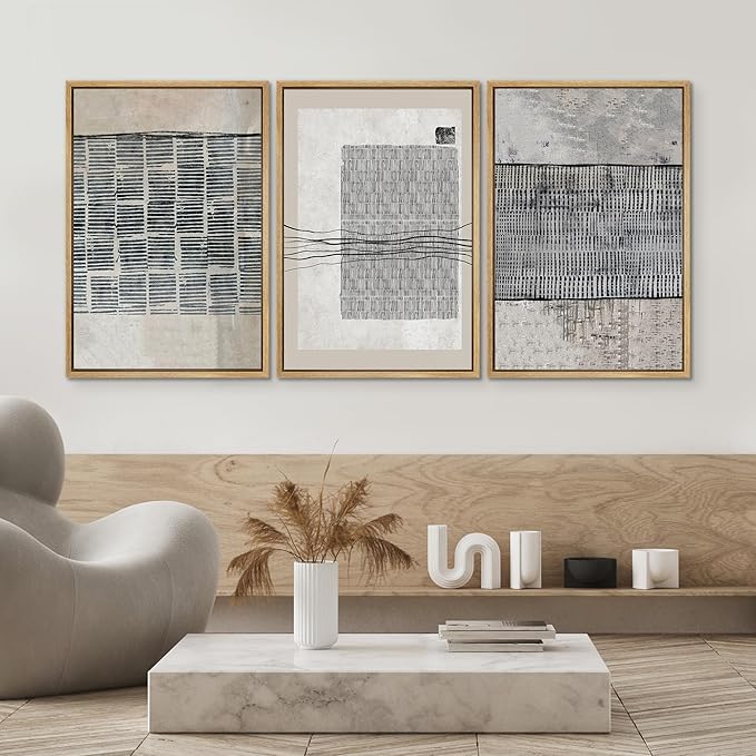 SIGNWIN Framed Canvas Print Wall Art Set Black Tan Industrial Line Art Pattern Abstract Shapes Cozy Neutral Decorative Contemporary Minimal for Living Room, Bedroom, Office - 24"x36"x3 Natural