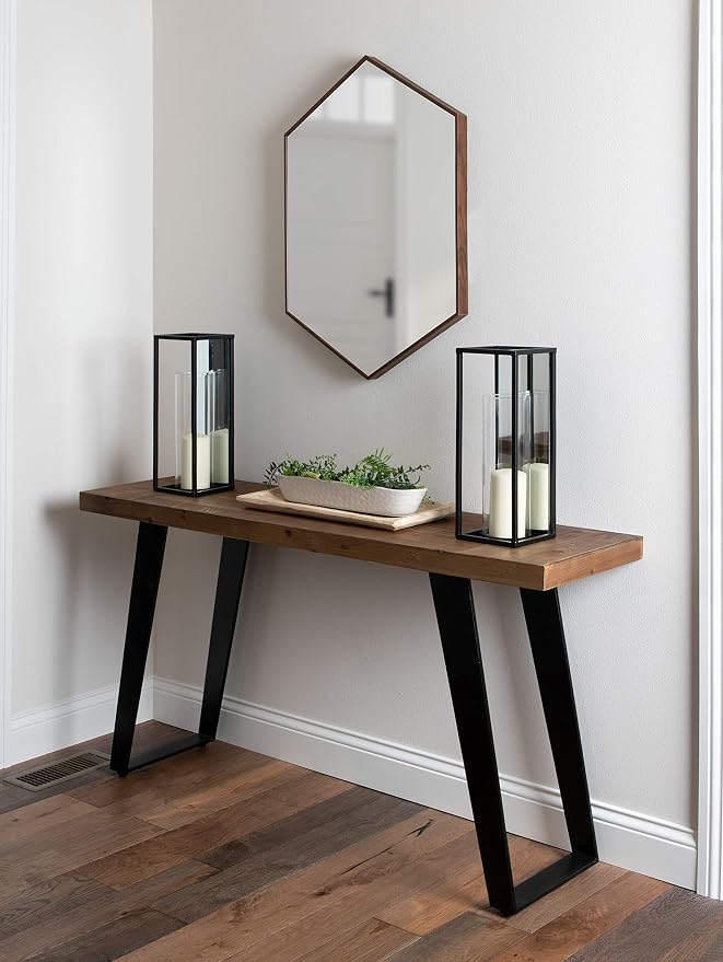 Kate and Laurel Rhodes Mid-Century Modern Hexagon Wall Mirror, Walnut Brown, 31x22-Inches
