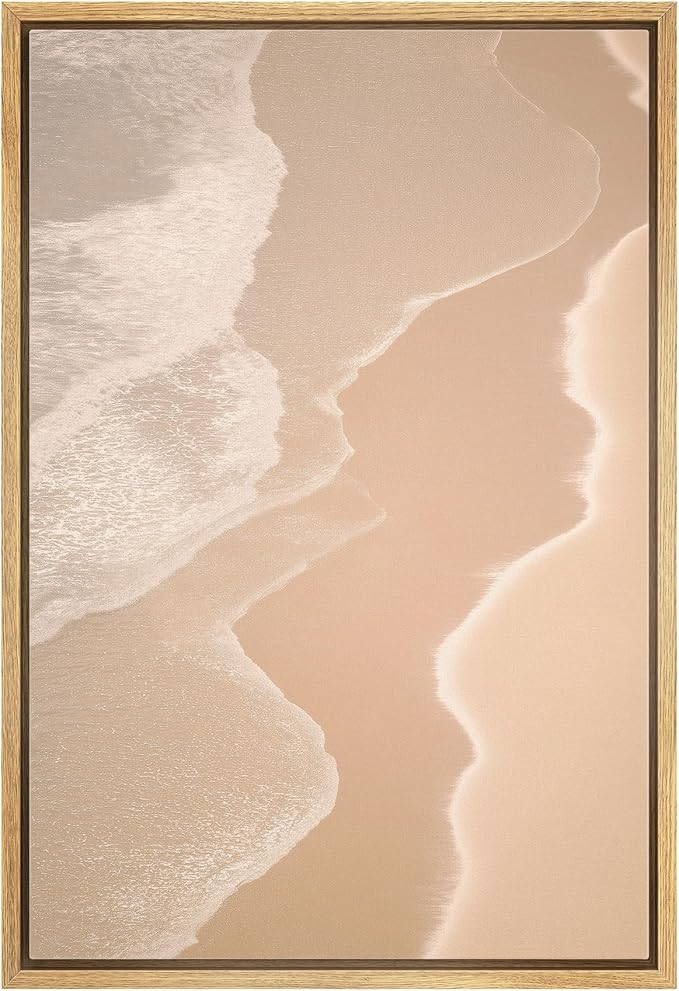 MUDECOR Framed Canvas Print Wall Art Soft Beige Aerial Beach Waves Minimalist Coastal Illustrations Minimalism Decorative Bohemian Colorful Zen for Living Room, Bedroom, Office - 16"x24" NATURAL