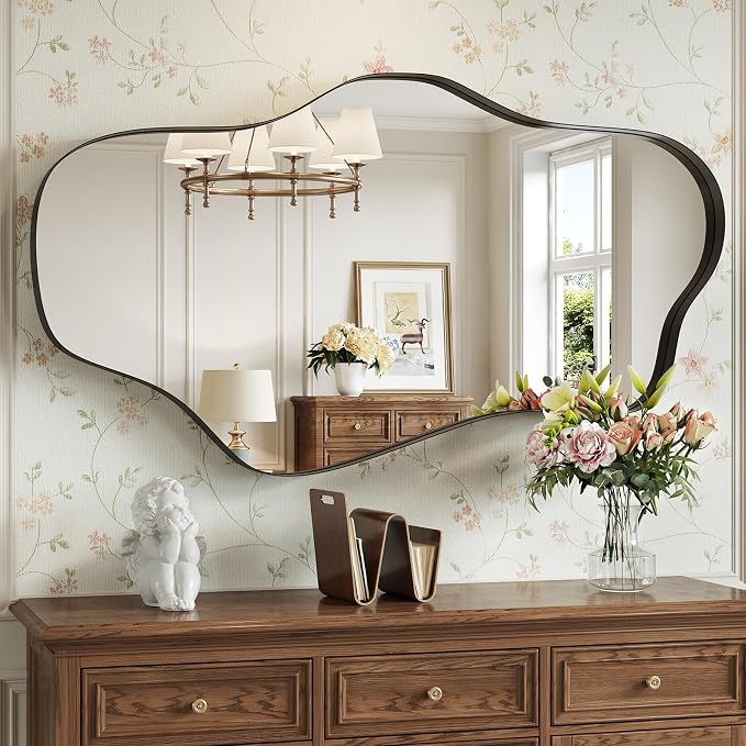 Large Irregular Wall Mirror, 28” x 50” Wavy Decorative Mirror with Modern Shaped, Black Asymmetrical Mirrors for Bathroom, Entryways, Living Room, Vanity
