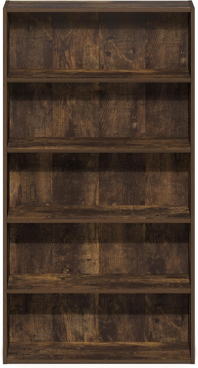 Furinno Basic Book Shelf, 5-Tier Bookshelf, Storage Organizer Bookcase with Open Shelf, 7 x 24 x 44, for Living Room, Bedroom, Home Office, Amber Pine