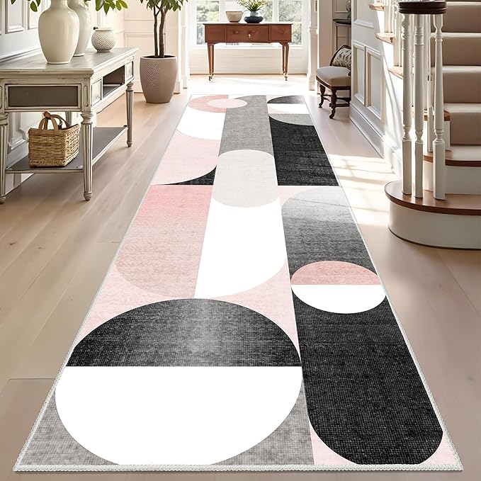 Pink Runner Rug 2x8 Washable Rug Runners for Hallway Kitchen,Long Modern Rugs for Bedroom Entryway Bathroom,Non Slip Floor Carpet,Blush Grey Black
