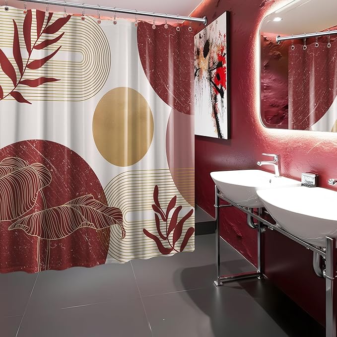 Red and Gold Shower Curtain Burgundy Dark Red and White Shower Curtains for Bathroom Decor Abstract MCM Bath Curtain Set, Waterproof Fabric with Hooks 70 x 72 Inch