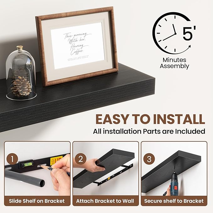 30 Inch Floating Shelves for Wall 2 Pack, 30" Wall Shelves for Books, Storage, Decor, Wall Mounted Floating Shelf with Invisible Brackets for Kitchen, Living Room, Black