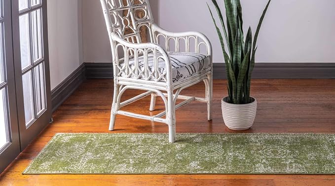 Unique Loom Bromley Collection Area Rug - Wells (2' x 8' Runner, Green/ Ivory)