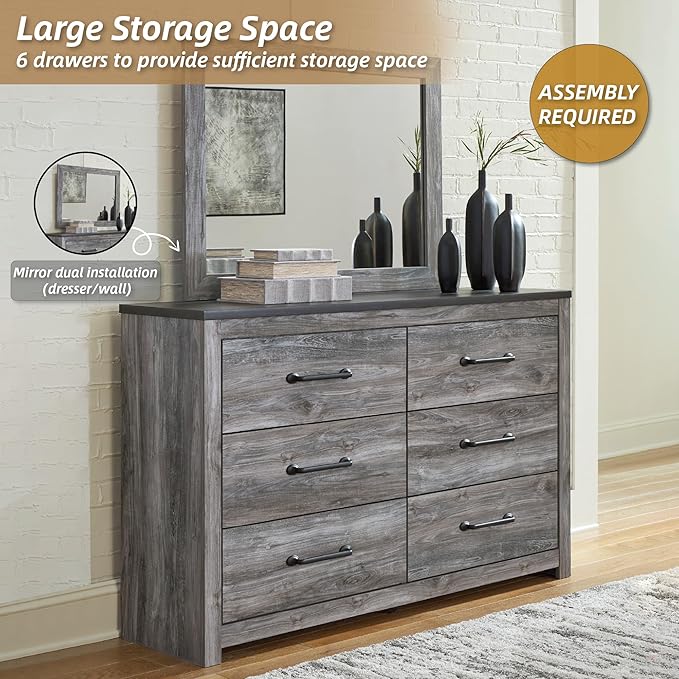 Signature Design by Ashley Bronyan Contemporary Smooth-Gliding 6-Drawer Dresser and Mirror with Safety Stop, Gray