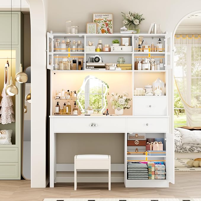 FACBOTALL Computer Desk with Hutch and RGB Lights, 65" Office Desk with Power Outlet, Makeup Vanity with 3 Doors & 3 Drawers, Executive Desks for Home, Work and Study, White