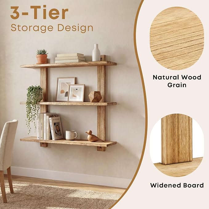 PHOENANCEE 3 Tier Floating Shelves,Long Wall Shelf,Over The Toilet Shelves Bathroom Hanging Display Storage Rustic for Living Room Bedroom Kitchen Office Coffee Bar Decor Decorative,24 Inch