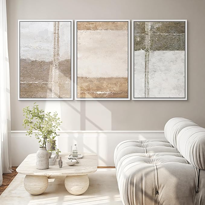 SIGNWIN Framed Canvas Print Wall Art Set Grunge Gray Brown Pastel Landscape Abstract Shapes Illustrations Modern Geometric Mid-Century for Living Room, Bedroom, Office - 16"x24"x3 White