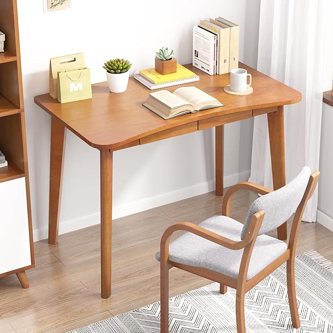 100% Solid Wood Desk with Drawers - 40 x 24 Inch Home Office Computer Desks, Modern Writing Desk with Drawers, Simple Study Table Makeup Vanity - Walnut Vintage Desks