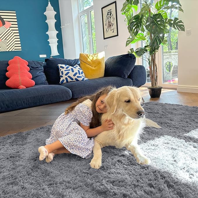 OLANLY 6x6 Area Rugs for Living Room Bedroom, Machine Washable Soft Fluffy Shaggy Bedside Rug, Indoor Floor Carpet for Kids Girls and Boys, Dorms, Nursery Rooms, Home Decor Aesthetic, Light Grey