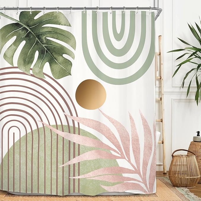 Miyotaa Pink Green Abstract Minimalist Shower Curtain Set 60Wx71H Inches Aesthetic Modern Mid Century Contemporary Plant Leaves Monstera Geometric Waterproof Bathroom Curtain with 12 Hooks