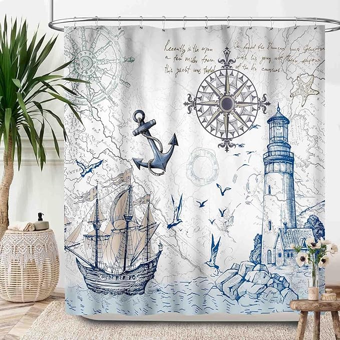 Ocean Nautical Shower Curtains,Sailboat Compass Hand Painted Navigation Vintage Nautical Elements Bathroom Decor Polyester Fabric Waterproof Bathroom Curtain with Hooks,72x72Inch