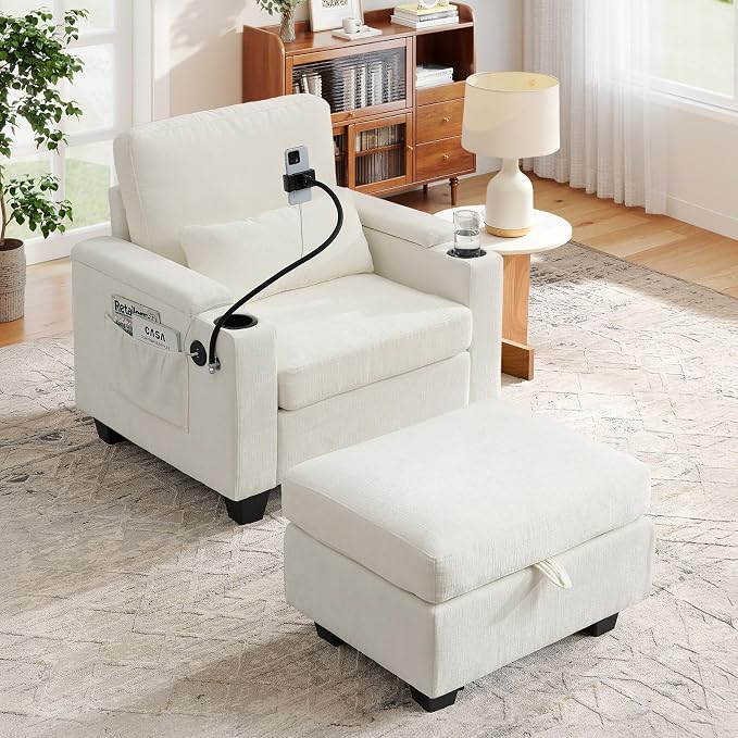 Small Chaise Lounge Chair Indoor with Ottoman&Adjustable Backrest,Chenille Tufted Recliner Comfy Sofa Chair with USB,Phone Holder&Storage Arms,Convertible Sleeper Couch Bed for Living Room(37"W,Beige)