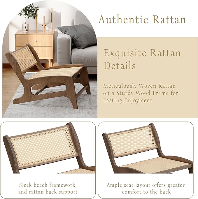 Chogori Mid Century Modern Wooden Lounge Chair Armless Rattan Accent Chair Lightweight Boho Style Seating Comfortable Single Chair for Living Room, Bedroom, or Patio (Walnut, Set of 1)