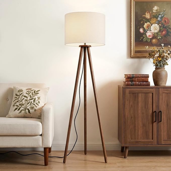 Buruis 60.6" Solid Wood Tripod Floor Lamp with 15.7" Large Linen Shade, Mid-Century Walnut Finish Standing Lamp for Living Room, Bedroom, Office, Corner, UL Listed, Bulb Not Included, Cream