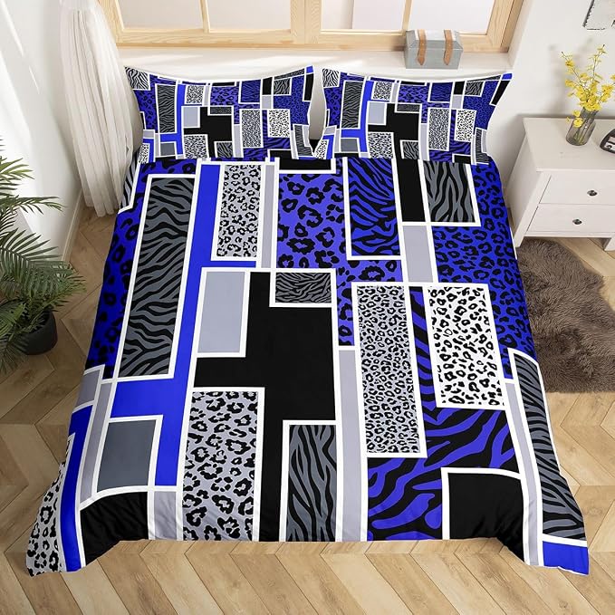 Erosebridal Leopard Print Comforter Cover Queen Zebra Skin Texture Bedding Set Wild Animal Cheetah Print Duvet Cover for Kids Teen Adults,Blue Black Grey Geometric Bed Set