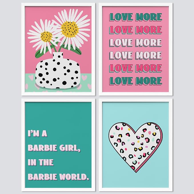 SIGNWIN Framed I'm a Barbie Girl in The Barbie World Wall Art, Set of 4 Heart, Chrysanthemum Illustration Wall Decor Prints, Preppy Room Decor Wall Décor for Living Room, Bedroom - 12"x16" White
