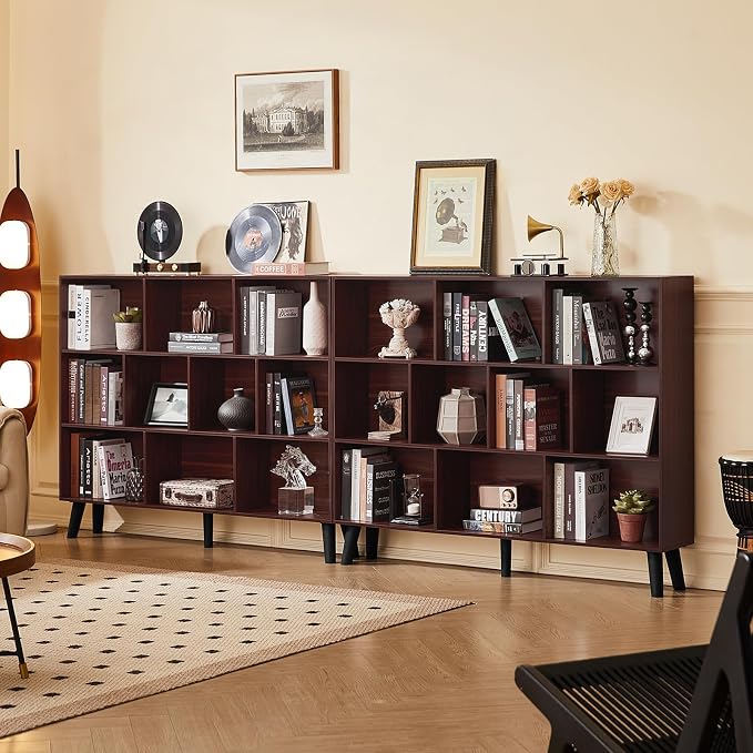 LEYAOYAO 10 Cube Bookshelf, 3 Tier Vintage 55" Wide Bookcase with Legs, Mid-Century Wood Bookshelves Storage, Walnut Large Book Case, Freestanding Organizer Display Shelf for Living Room, Office