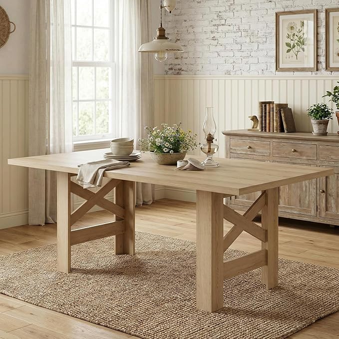 GarveeHome Dining Table for 6-8, 71" Long Large Wooden Farmhouse Kitchen Table with Thick Sturdy Frame, Rectangular Dining Room Dinner Table with Stable Triangular Legs for Kitchen,Office, Natural