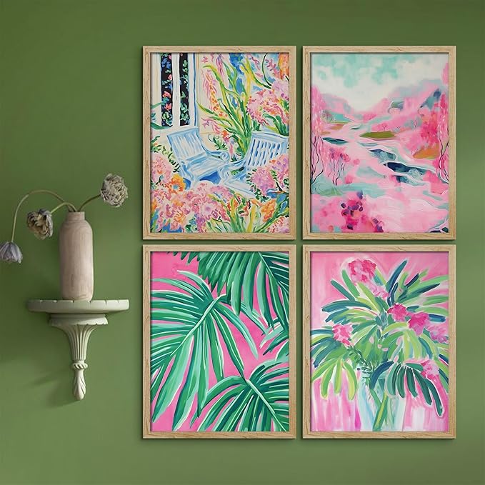 SIGNWIN Framed Tropical and Floral Bright Botanical Preppy Room Decor Pink Decor Digital Art Modern Art Decorative Multicolor Scenic for Bedroom - 8"x10"x 4 Natural