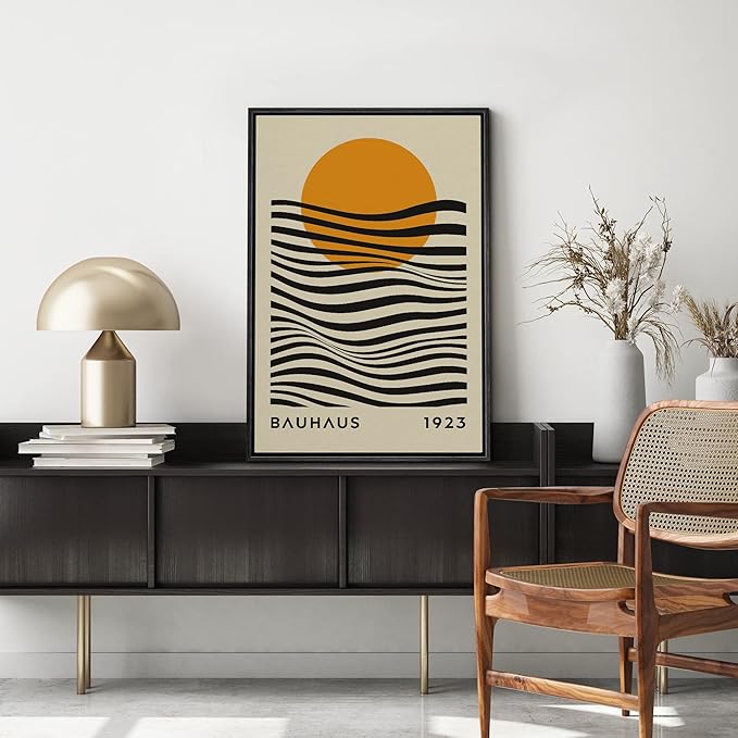 MUDECOR Framed Canvas Print Wall Art Mid-Century Bauhaus Geometric Sun Waves Shapes Abstract Illustrations Modern Art Minimal Multicolor Relax/Calm for Living Room, Bedroom, Office - 24"x36" Black