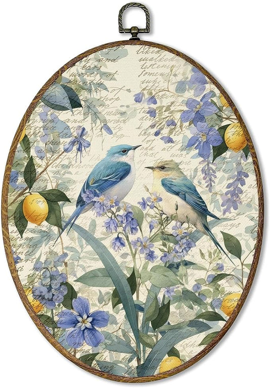 AEHIE Vintage Floral Bird Oval Wall Art Decor, Cottagecore Flower Botanical Lemon Canvas Artwork Framed, Country Bird Floral Picture Oval Wall Art for Home Bedroom Living Room Decor, 11x8.5 Inches