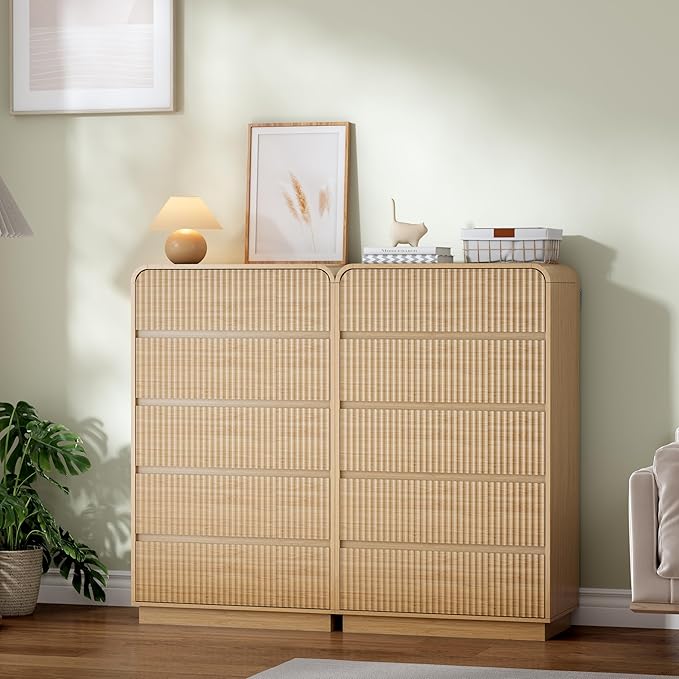 Natural Oak Dresser Fluted Tall 5 Drawer Dresser for Bedroom, Wood Chest of Drawers with Hidden Handles & Rounded Corners, Modern Storage Cabinet and Organizer Drawers for Living Room, Hallway