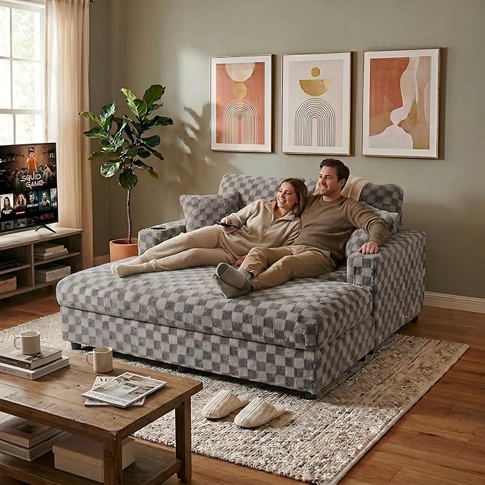 Eafurn Modern Oversized Chaise Lounge Chair with Integrated Ottoman, Corduroy Upholstered Deep Seat Sleeper Armchair with Power Charging Ports and Cup Holders, Cozy Accent Furniture for Living Room
