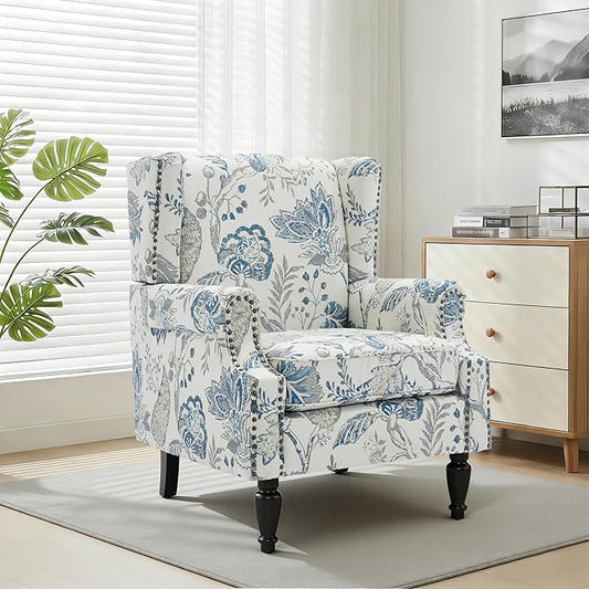 Wingback Chair, High Back Floral Accent Chair in Fabric, Comfy Upholstered Armchair with Nailhead Trim for Living Room, Single Sofa Reading Chair for Small Spaces, Bedroom-Plants Blue