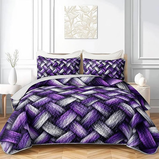 AILONEN Purple White Braided Queen Quilted Comforter Set 3 Piece, Artistic Woven Bedspread Coverlet with 2 Pillow Shams, Stylish Bedding for Master Bedroom