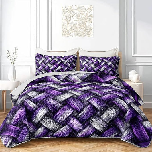 AILONEN Purple Braided Pattern Twin Quilted Comforter Set 3 Piece, Woven Texture Bedspread Coverlet with 2 Pillow Shams, Modern Bedding for Student Dorm