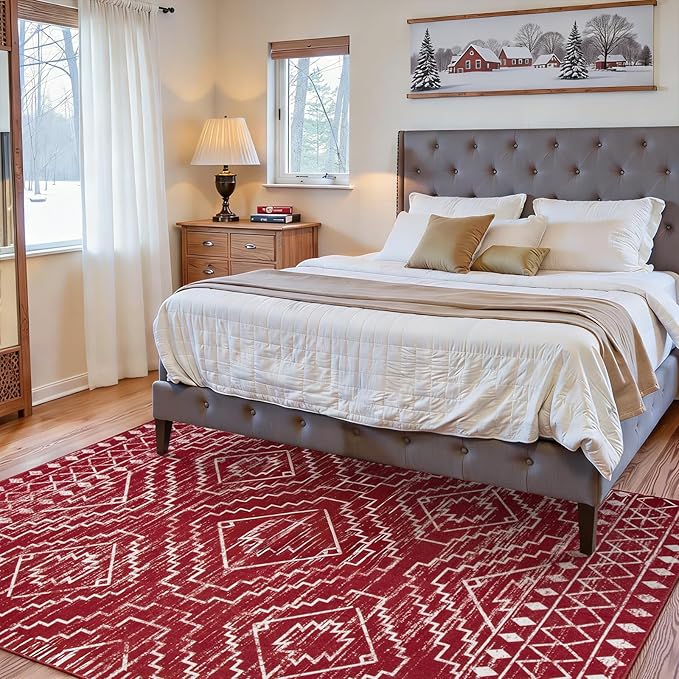 Wonnitar Moroccan Washable 3x5 Rug for Living Room, Non-Slip Chrisrmas Rug for Entryway, Low Pile Soft Farmhouse Area Rug for Bedroom Entry Kitchen Basement (Red,3'x5')