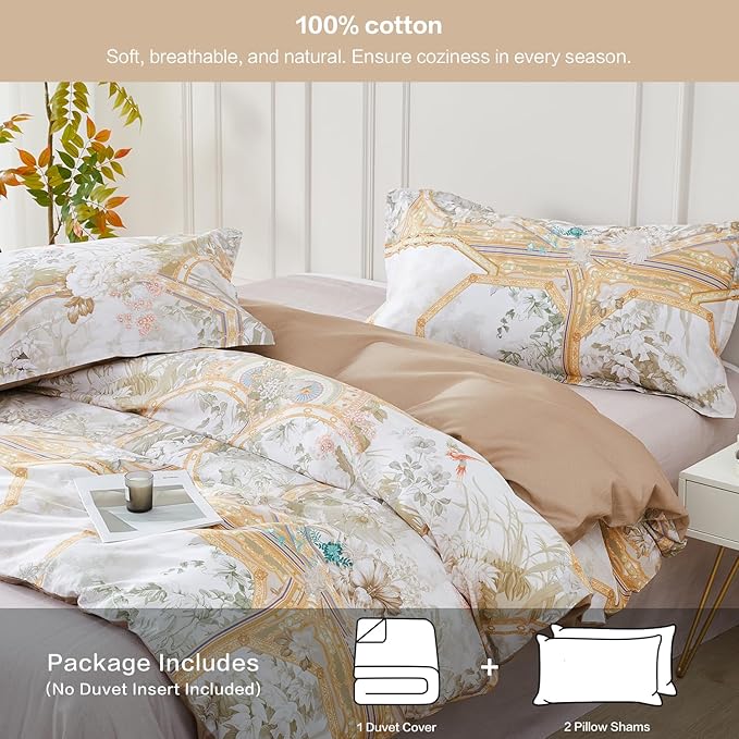 SAPHREAS Gold Floral Duvet Cover Set 3pcs Queen Size White Flower Botanical Blossom Bedding Comforter Cover Set 100% Cotton 1 Duvet Cover 2 Pillow Shams, Comforter Not Included