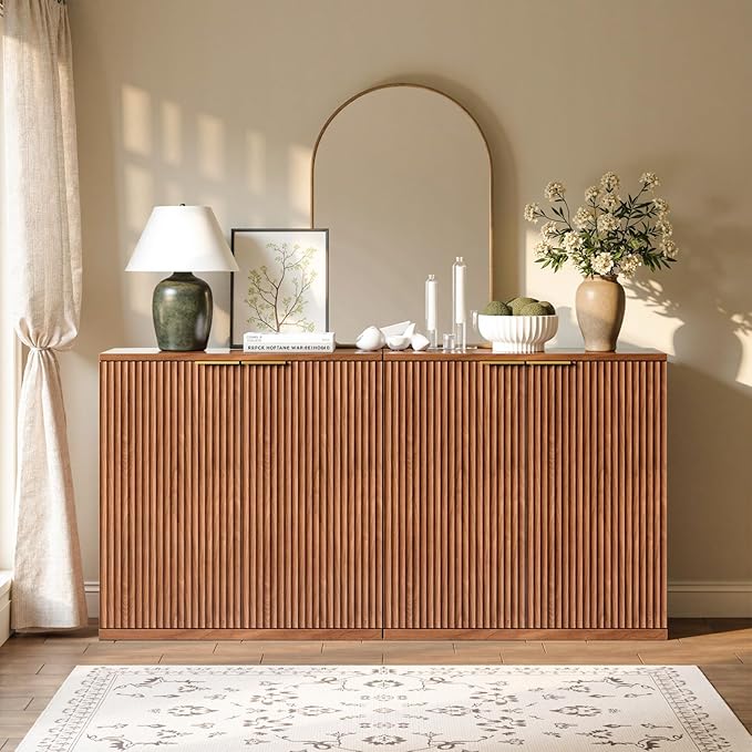 Evermagin 31.5" Walnut Buffet Cabinet with Storage, Small Sideboard Cabinet, Boho Fluted Accent Credenza for Dining Room, Kitchen, and Living Room
