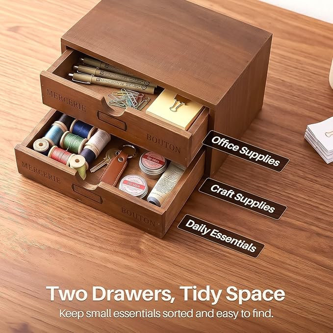 Flexzion Wood Desk Organizer with 2 Drawers, Vintage Desktop Drawers Cabinet for Office Supplies, Home Workspace, Countertop, Vanity, Craft Tools & Mail, No Assembly Required