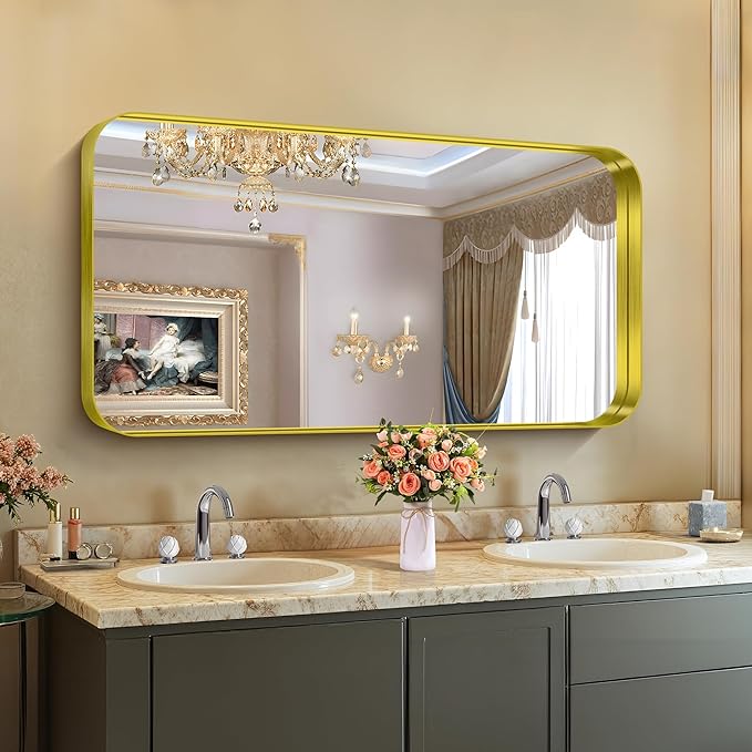 CIRCUMI Gold Bathroom Mirror, 24"x48" Rectangular Mirror with Deep Metal Frame, Rounded Corner, Tempered Glass, Large Mirror for Wall, Over 2 Sinks, Installed Vertically/Horizontally, Crystal-Clear