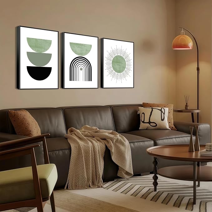 Black Frame Boho Abstract Geometric Wall Art Mid Century Canvas Wall decor Sun and Moon Paintings Prints Green Minimalist Art for Living Room Bedroom Office Decor( 12 x 16 in Black Alloy Framed)