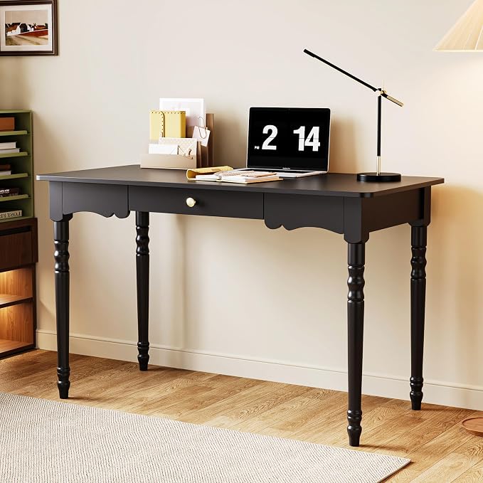 WOODTIME 47.2" W Home Office Computer Desk with Solid Wood Legs, Vintage Gaming PC Desk Study Writing Table with Drawer, Black