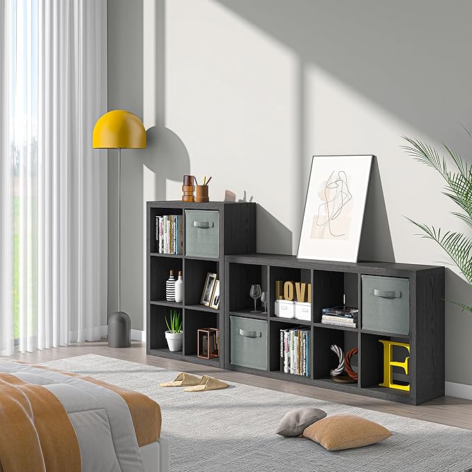 furtble Bookshelf with Storage Bin, 6-Cube Storage Organizer, Modern Wood Open Bookcase, Multifunctional Display Shelf for Living Room, Bedroom, Home Office, Black
