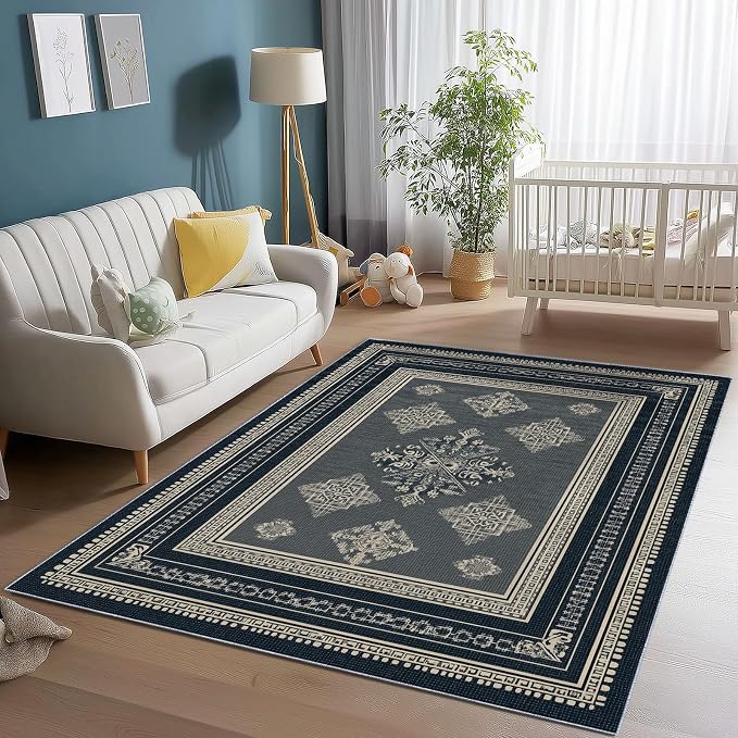Area Rugs for Living Room, 3x4 Washable Rug Grey Soft Low Pile Non-Slip Carpet Stain Resistant Carpets for Bedroom Dining Room Farmhouse Nursery, Classical Patterned Geometric